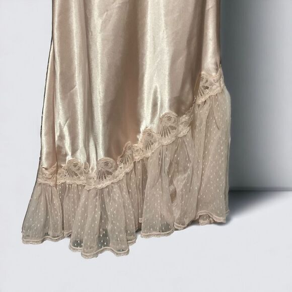 Vtg Keyloun Satin semi-sheer Mesh Lace Trim Chemise Slip Dress Peach Pink Size L - Picture 5 of 12